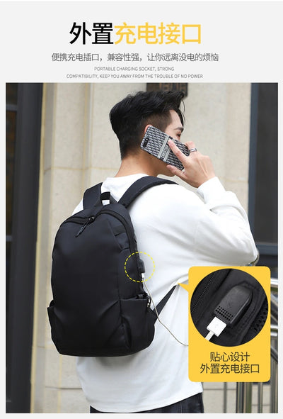 Black unisex backpack with USB charging port, stylish and functional for students and travelers.