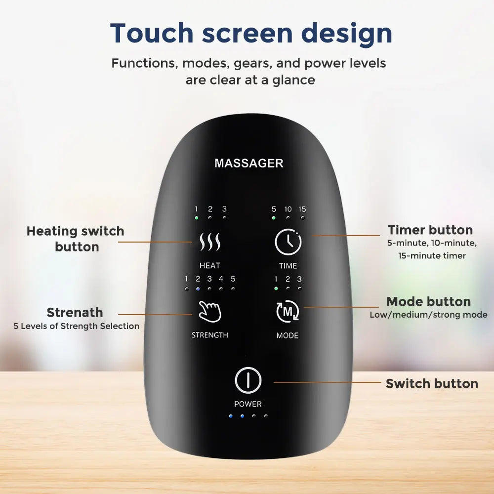 Touchscreen design of the Electric Hand Massage device, showcasing buttons for heating, timer, strength, mode, and power.
