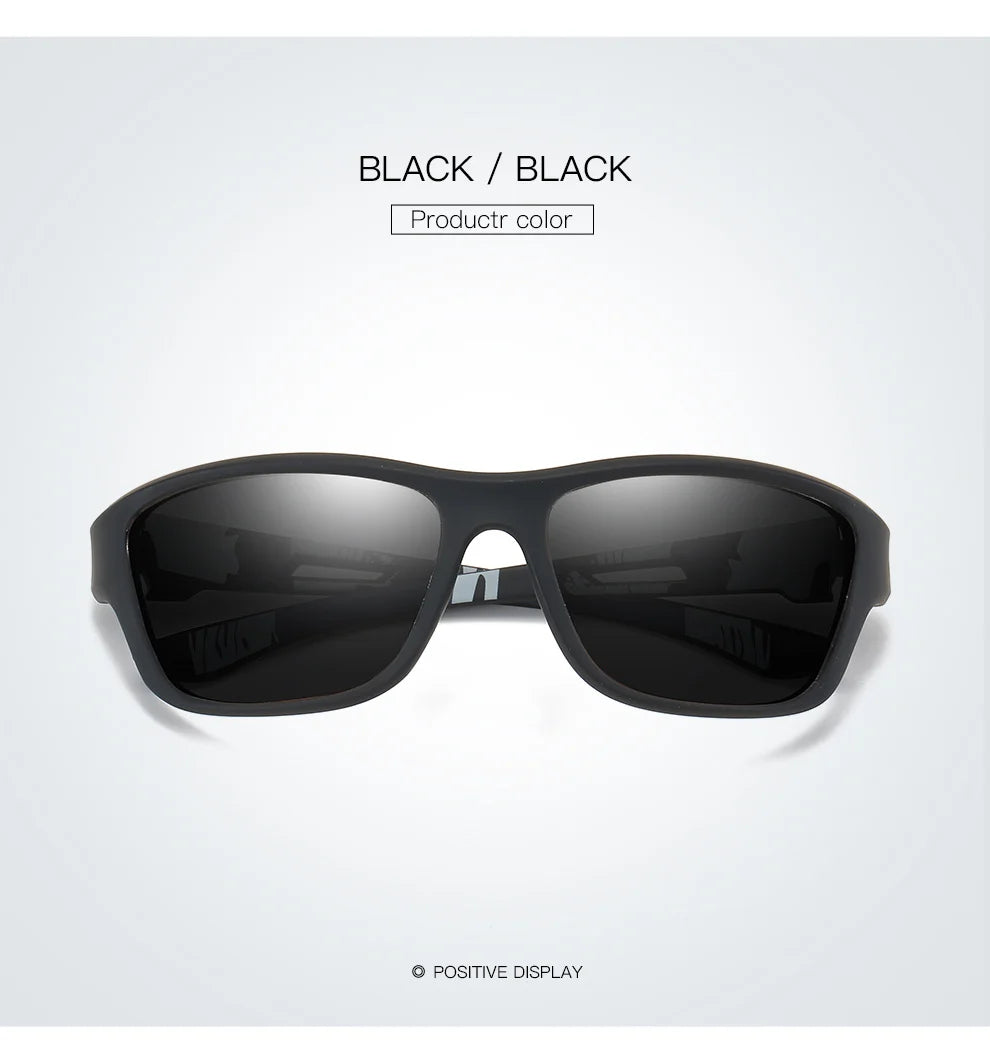 Black polarized sunglasses with sleek design for outdoor activities like fishing and hiking.