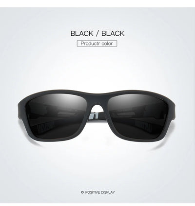 Black polarized sunglasses with sleek design for outdoor activities like fishing and hiking.