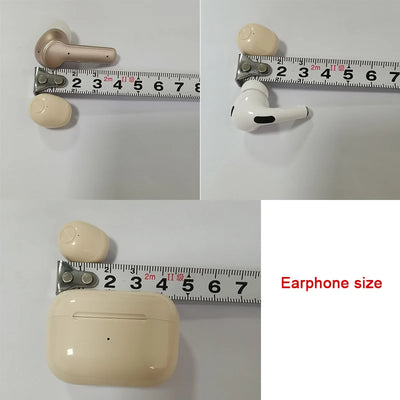Mini TWS earbuds displayed with measuring tape, showcasing compact size for Bluetooth wireless earphones.