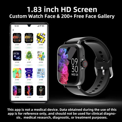 Waterproof smart watch featuring 1.83 inch HD screen, customizable watch faces, and free face gallery for personalized style.