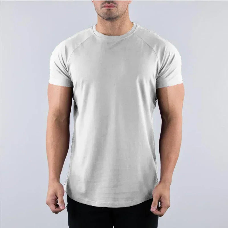 Men's plain summer cotton short sleeve gym t-shirt for breathable comfort during workouts and bodybuilding.