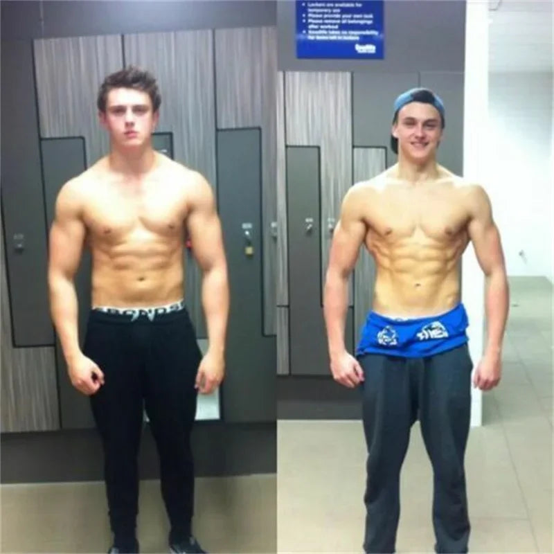 Before and after progress of two muscular young men showcasing significant muscle growth.