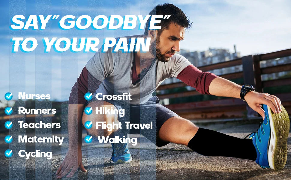 Man stretching in compression socks, promoting comfort for nurses, runners, teachers, and more.