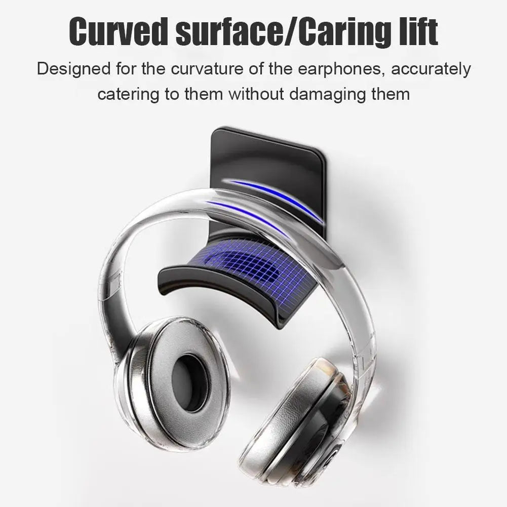 Curved headphone stand with caring lift design to protect earphones, featuring a sleek adhesive wall mount for easy access.