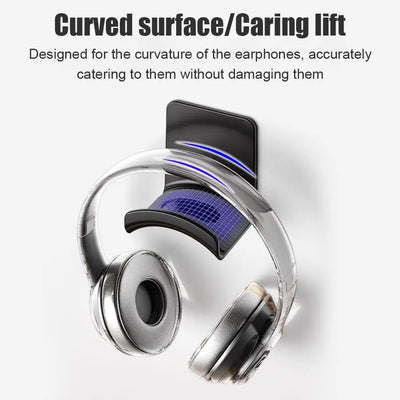 Curved headphone stand with caring lift design to protect earphones, featuring a sleek adhesive wall mount for easy access.