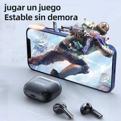 Lenovo wireless Bluetooth earphones with gaming mobile setup, featuring the gaming scene and earbuds.