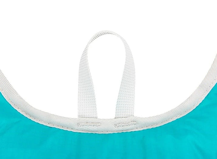 Close-up of ultralight waterproof hydration backpack showing adjustable strap and vibrant turquoise material.