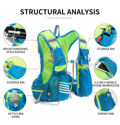 Structural analysis of hydration vest backpack, highlighting pockets, buckles, and design for running, cycling, and hiking.