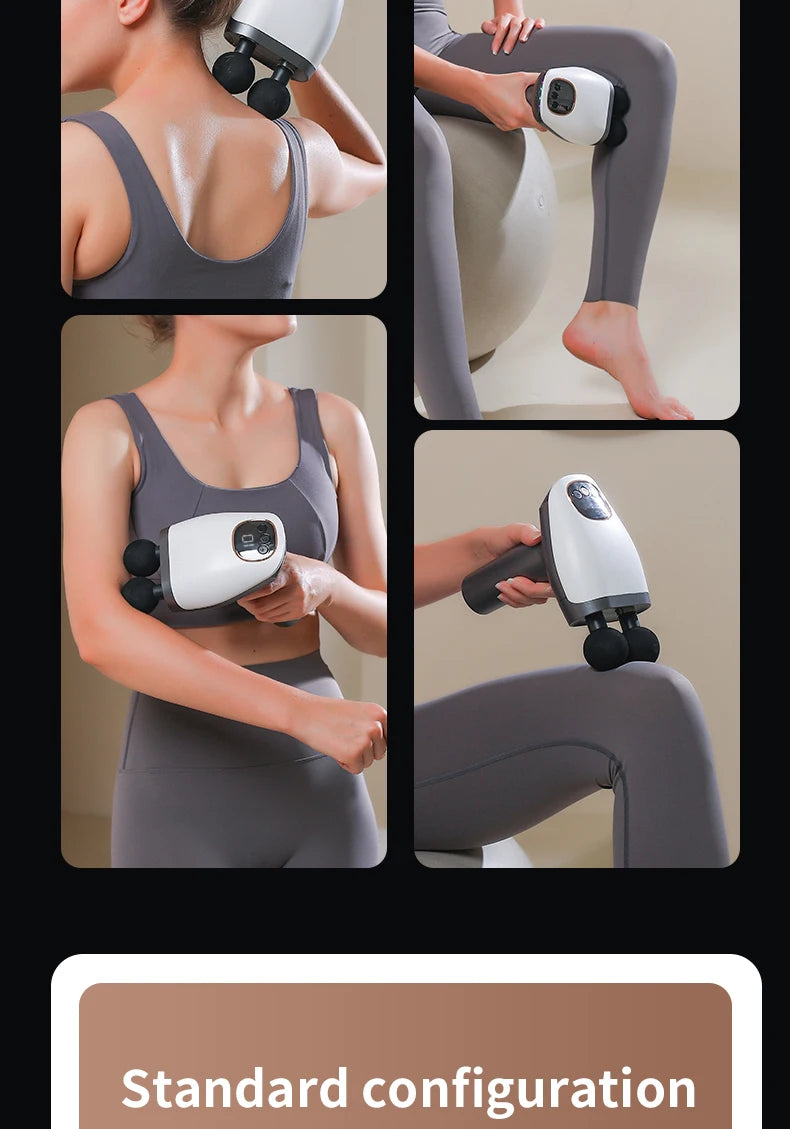 User demonstrating the double headed massage gun on back and legs, effective for deep tissue muscle relaxation.