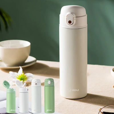 GIANXI stainless steel insulated water bottle in white, featuring vacuum seal for 6-12 hours thermal insulation.