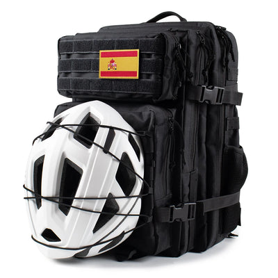 Tactical backpack with helmet attachment, waterproof 45L mountaineering bag for hiking and camping.