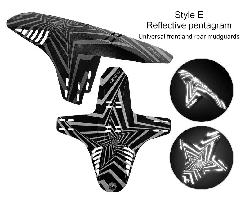 Reflective MTB bike mudguard set featuring front and rear fenders with a stylish pentagram design, ideal for mountain biking.