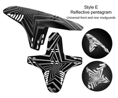 Reflective MTB bike mudguard set featuring front and rear fenders with a stylish pentagram design, ideal for mountain biking.