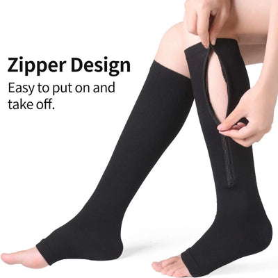 Black zipper compression sock showcasing easy on/off design, ideal for varicose veins and edema.