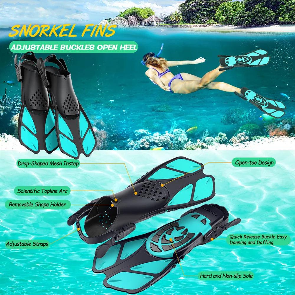 Adjustable buckle snorkel fins for adults, featuring open heel design and silicone material, perfect for scuba diving and swimming.