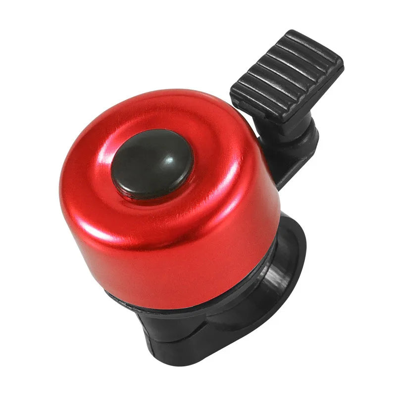 Red aluminum alloy MTB bicycle bell with loud horn, durable handlebar safety accessory for cycling.