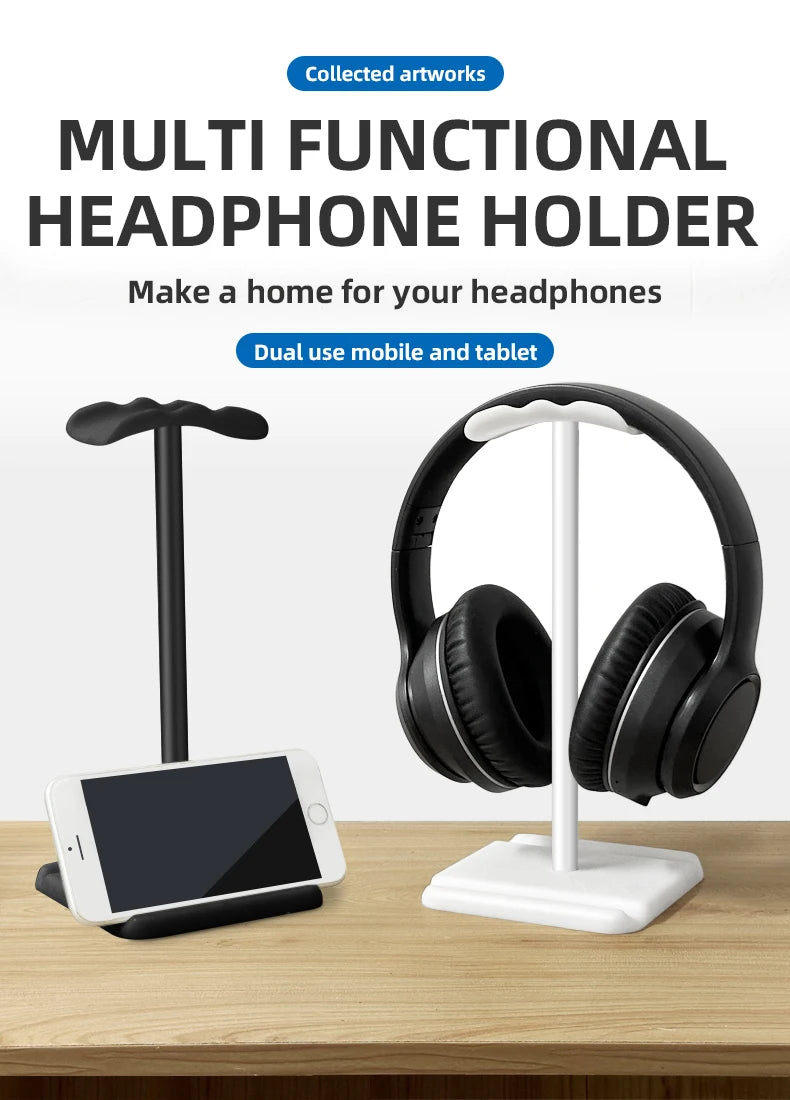 Universal multi-functional headphone holder with phone stand for desktop organization and earphone storage.