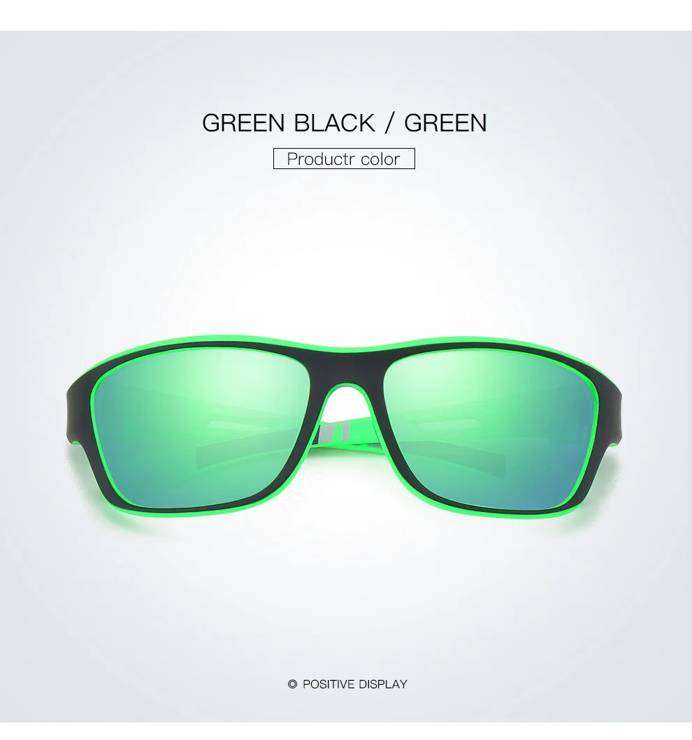 Green black polarized sunglasses featuring green lenses, perfect for outdoor activities and sports.