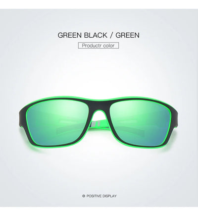 Green black polarized sunglasses featuring green lenses, perfect for outdoor activities and sports.