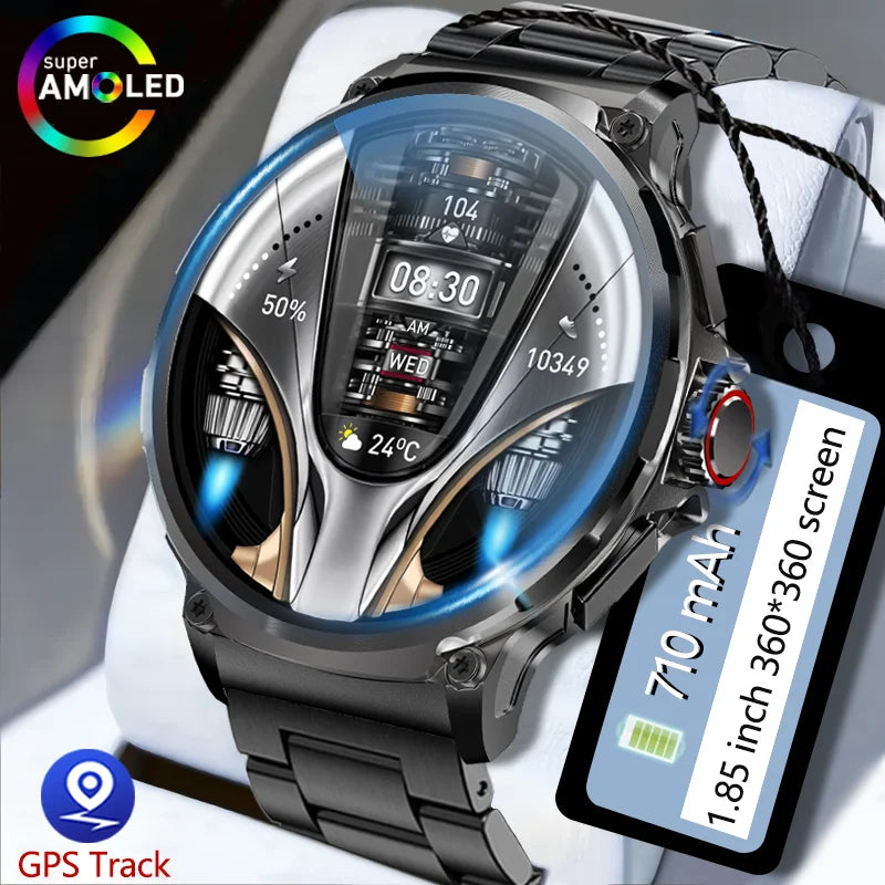 GPS Smart Watch for Men with Bluetooth, AMOLED display, stainless steel band, and multiple health tracking features.