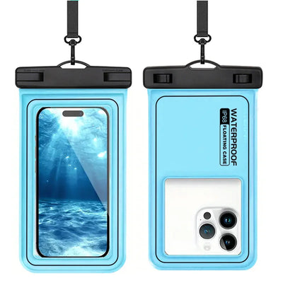 Waterproof phone bag in blue for iPhone and Samsung, ideal for swimming and outdoor activities, IP68 rated.