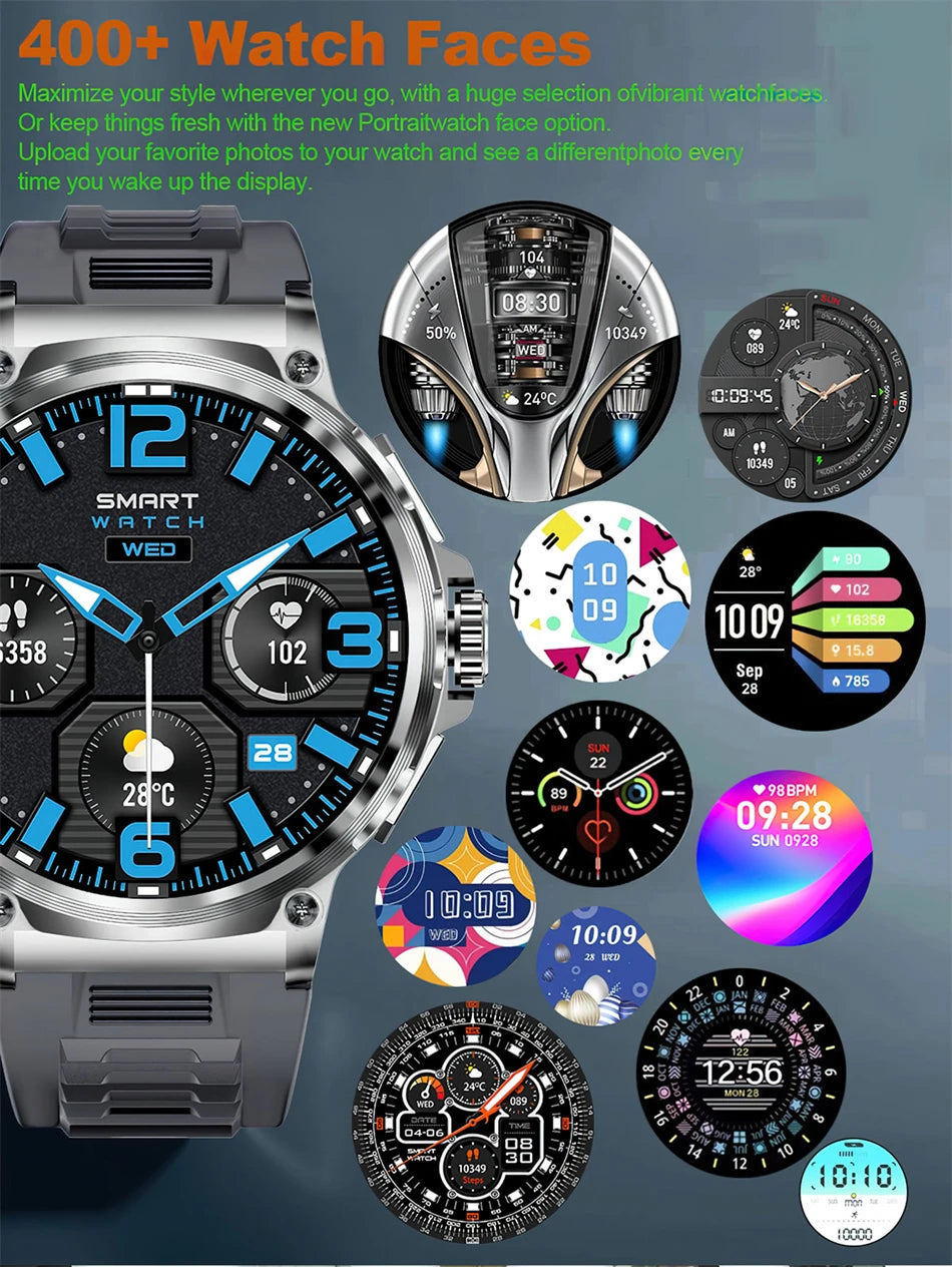 Showcasing 400+ customizable watch faces for smartwatches with diverse styles and designs.