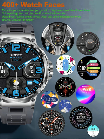 Showcasing 400+ customizable watch faces for smartwatches with diverse styles and designs.