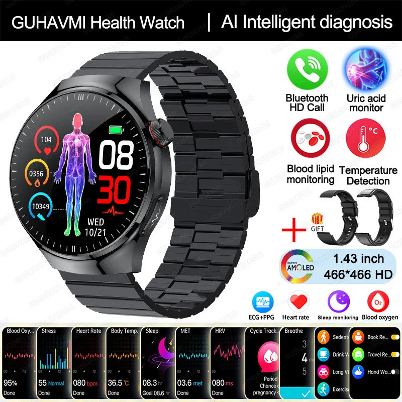 GUHAVMI Health Smartwatch with AI diagnosis, Bluetooth HD call, and temperature sensor, featuring health metrics tracking.