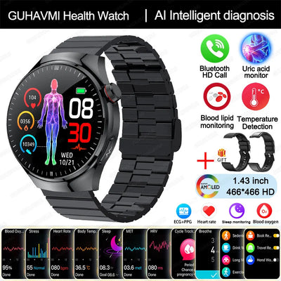 GUHAVMI Health Smartwatch with AI diagnosis, Bluetooth HD call, and temperature sensor, featuring health metrics tracking.