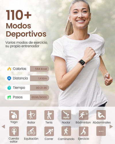 Woman running wearing a smart watch displaying 110+ sports modes and fitness tracking metrics.
