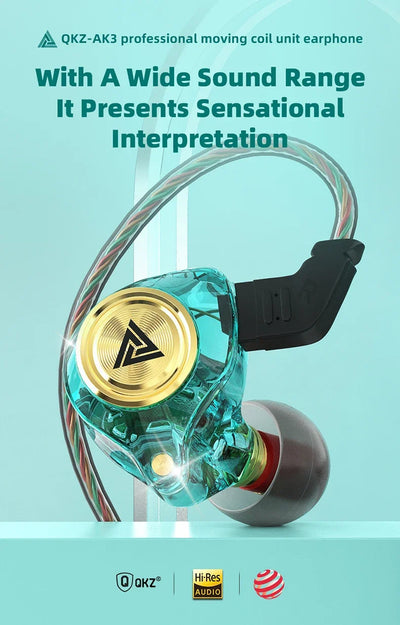 QKZ AK3 wired earphone with dynamic coil, showcasing a vibrant design for high-fidelity sound performance.