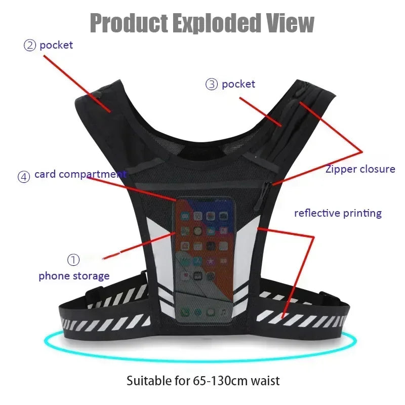 Exploded view of reflective running vest backpack with pockets, phone storage, and zipper closure, suitable for 65-130cm waist.