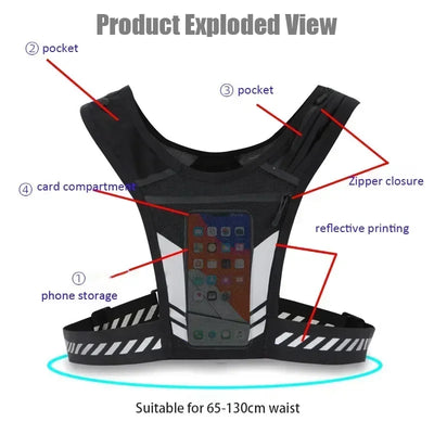 Exploded view of reflective running vest backpack with pockets, phone storage, and zipper closure, suitable for 65-130cm waist.