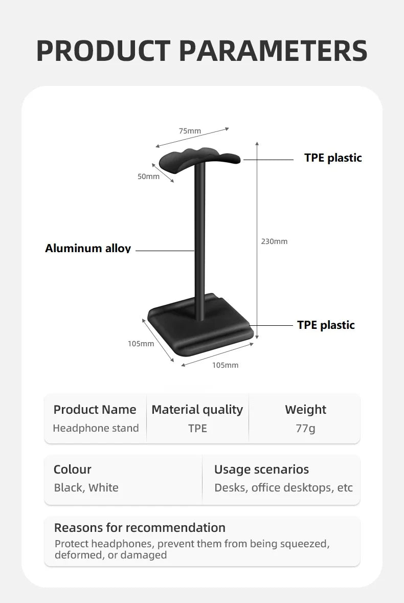 Universal headphone stand dimensions and material specifications for desktop organization and earphone support.