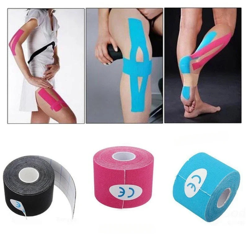 Kinesiology tape rolls in black, pink, and blue with application examples on leg for muscle support and injury recovery.