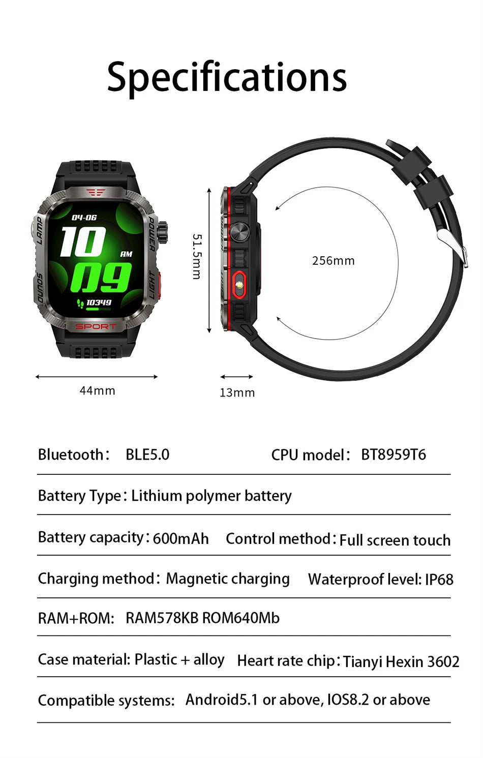 Military GPS Smart Watch with specifications, Bluetooth 5.0, waterproof IP68, activity tracking features, and magnetic charging.