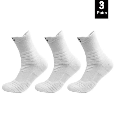 Three pairs of elastic compression sports socks in white, designed for maximum breathability and comfort during sports activities.