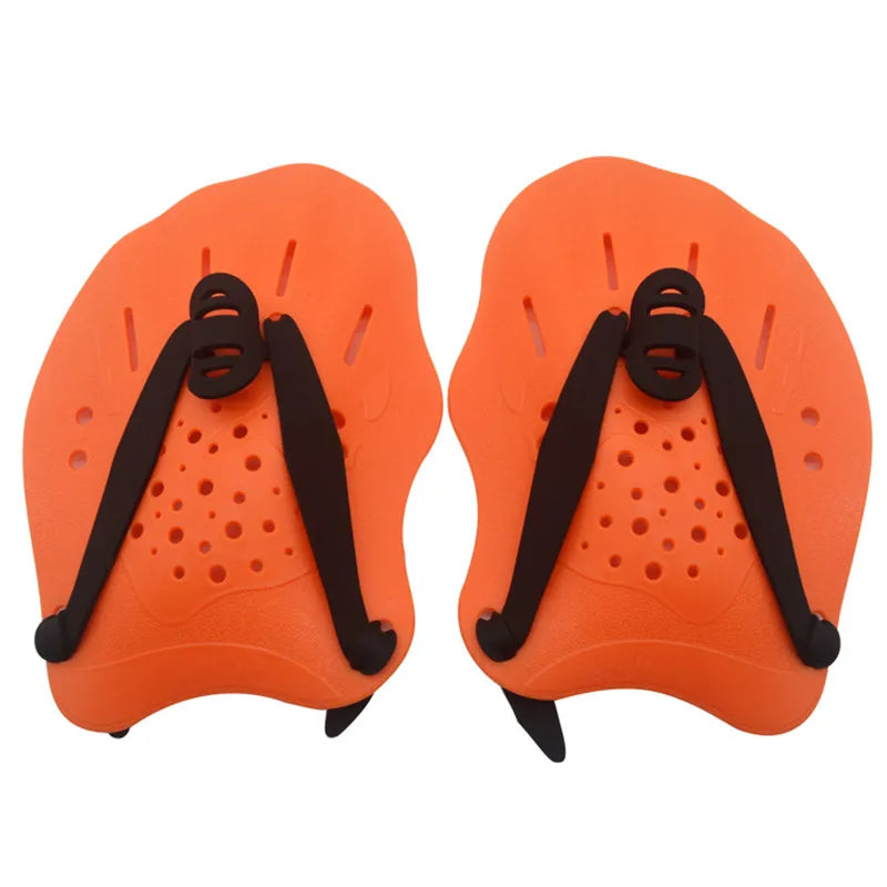 Adjustable orange swimming paddles gloves for training, suitable for men, women, and kids, made from silicone.