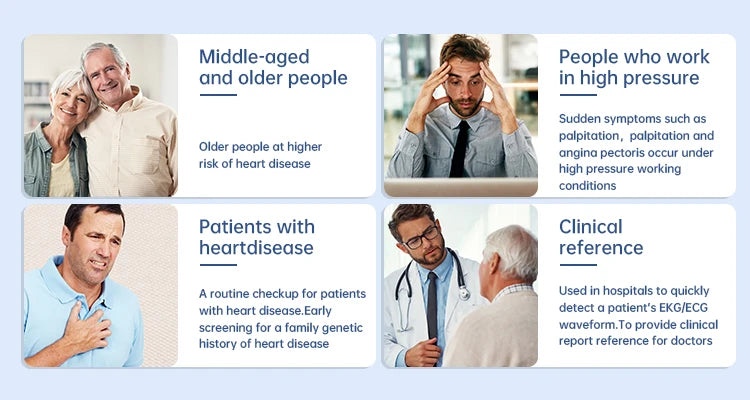 Collage of health issues: middle-aged couples, stressed professionals, heart disease patients, clinical ECG references.