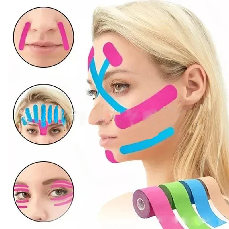 Kinesiology V Line tape application on face for lifting and wrinkle removal, featuring colorful adhesive strips.