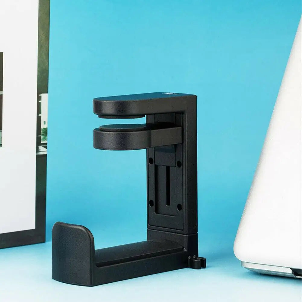 PC gaming headphone stand with adjustable 360° rotating arm clamp, desk mount holder for headsets and bags.