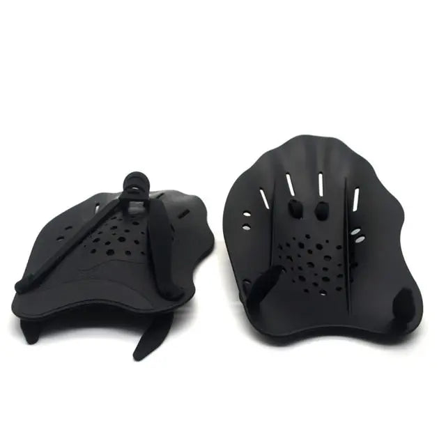 Adjustable swimming paddles for training, webbed gloves for men, women, and kids; made of durable silicone material.