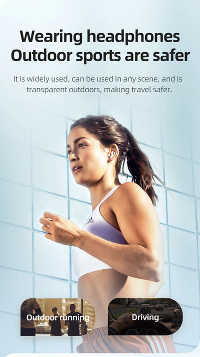 Woman wearing headphones while running outdoors, promoting safety in sports and travel.