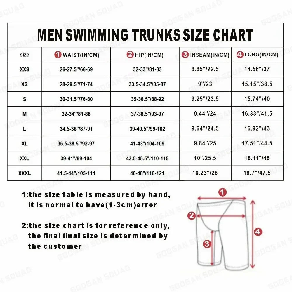 Men's swimming trunks size chart showing waist, hip, inseam, and length measurements in inches and centimeters.