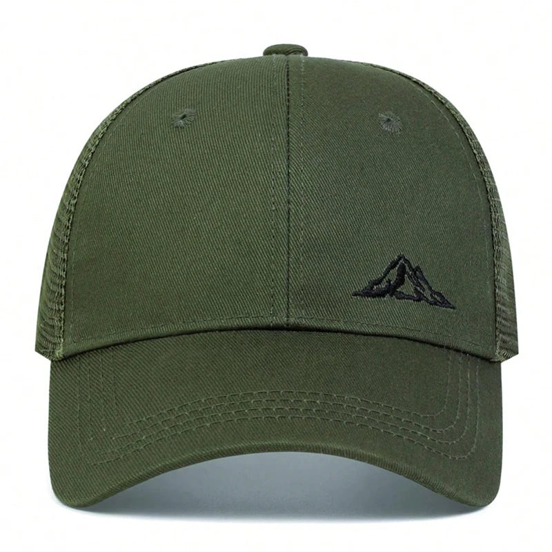 Unisex mountain embroidery baseball cap in olive green, adjustable outdoor sun hat for men and women.