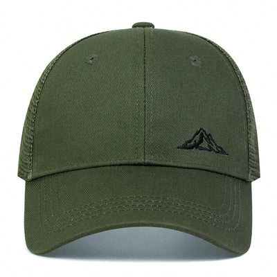 Unisex mountain embroidery baseball cap in olive green, adjustable outdoor sun hat for men and women.