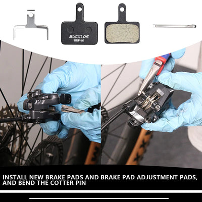 BUCKLOS BRP-01 brake pads installation process with tools on a hydraulic disc brake system.
