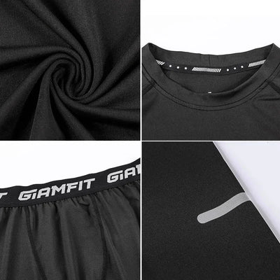 Close-up details of black gym apparel, showcasing fabric texture, collar design, waistband, and stitching.